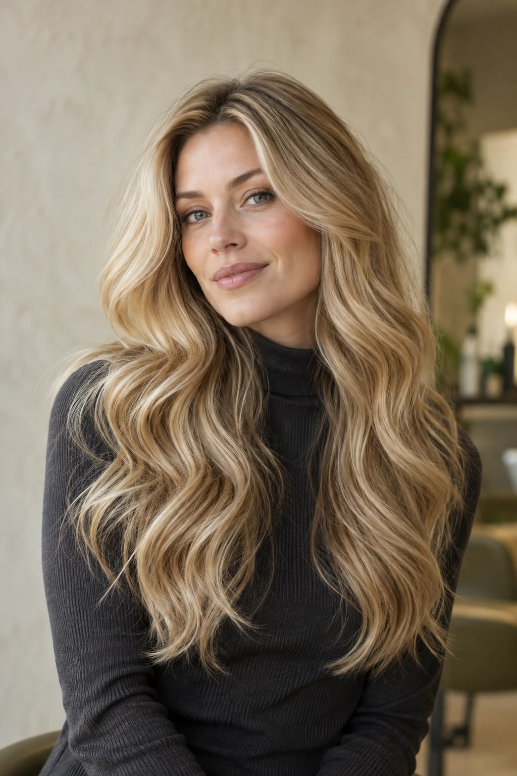 Woman with full, flowing blonde waves in an editorial hair portrait