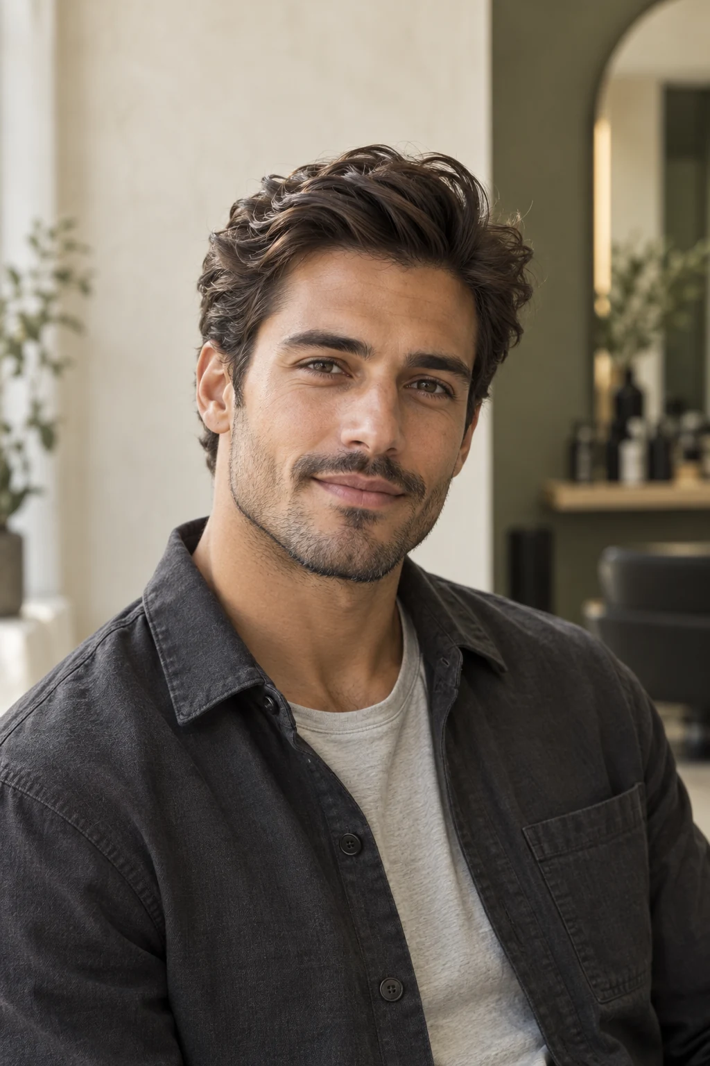 Dark-haired man with a textured, carefully styled cut and a neatly groomed beard