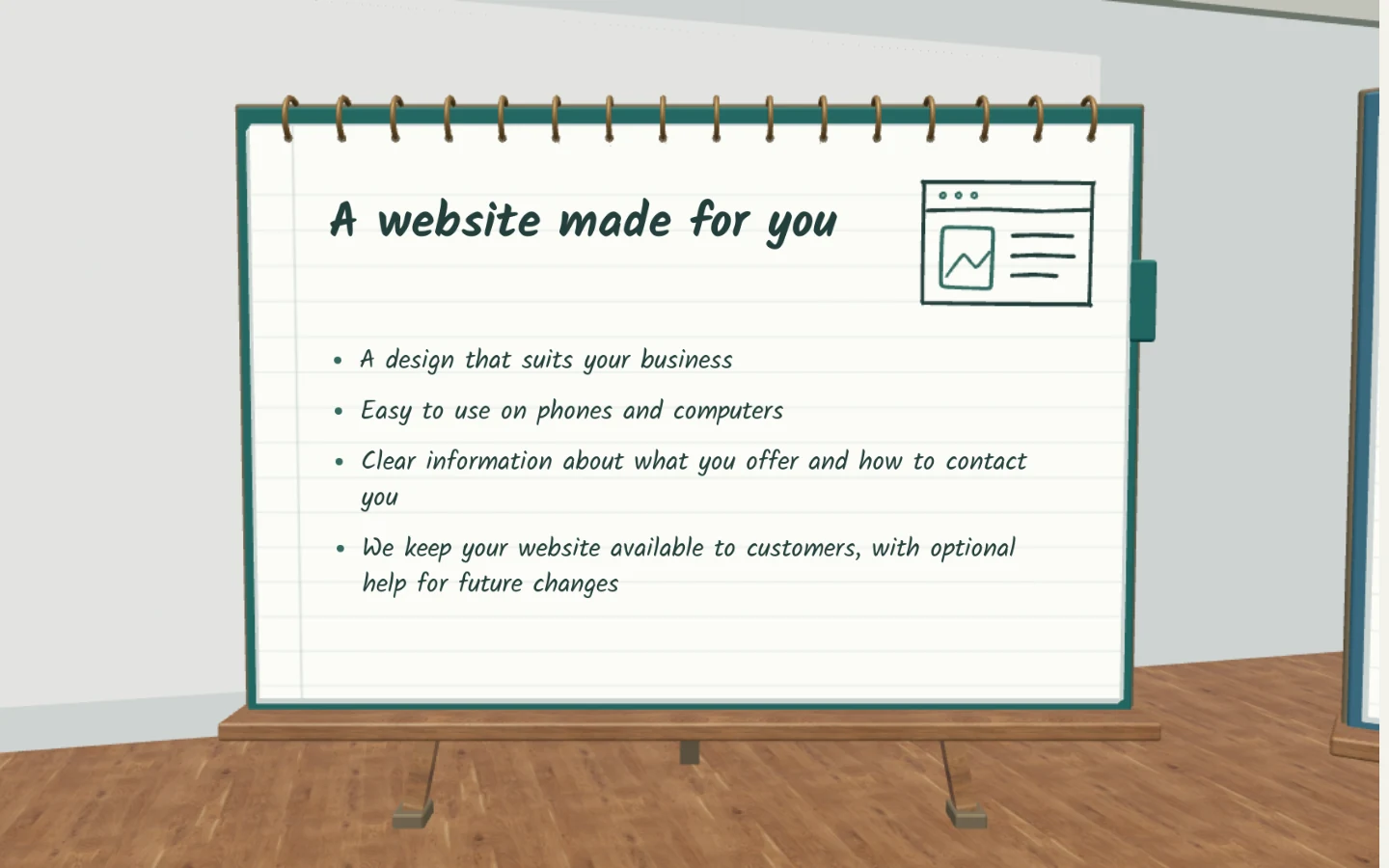 An illustrated showroom with a freestanding notebook explaining a website made for your business.